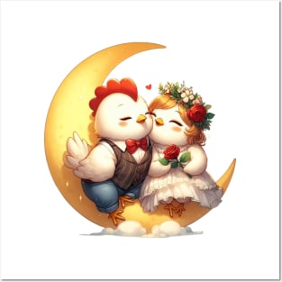 Valentine Chicken Couple on Moon Posters and Art